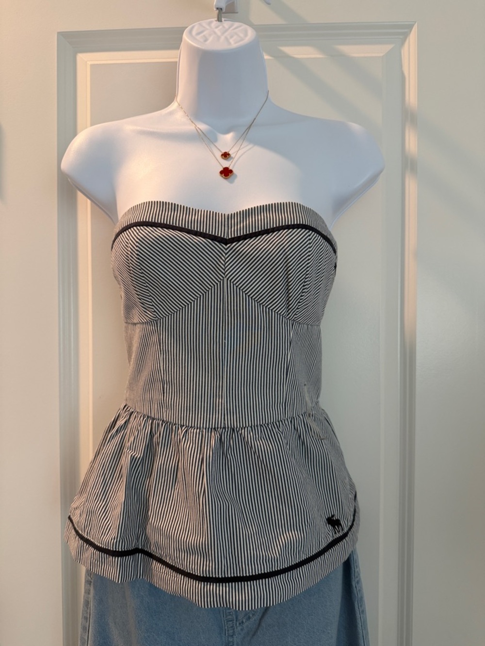 Abercrombie & Fitch Black and White Striped Strapless Peplum Camisole